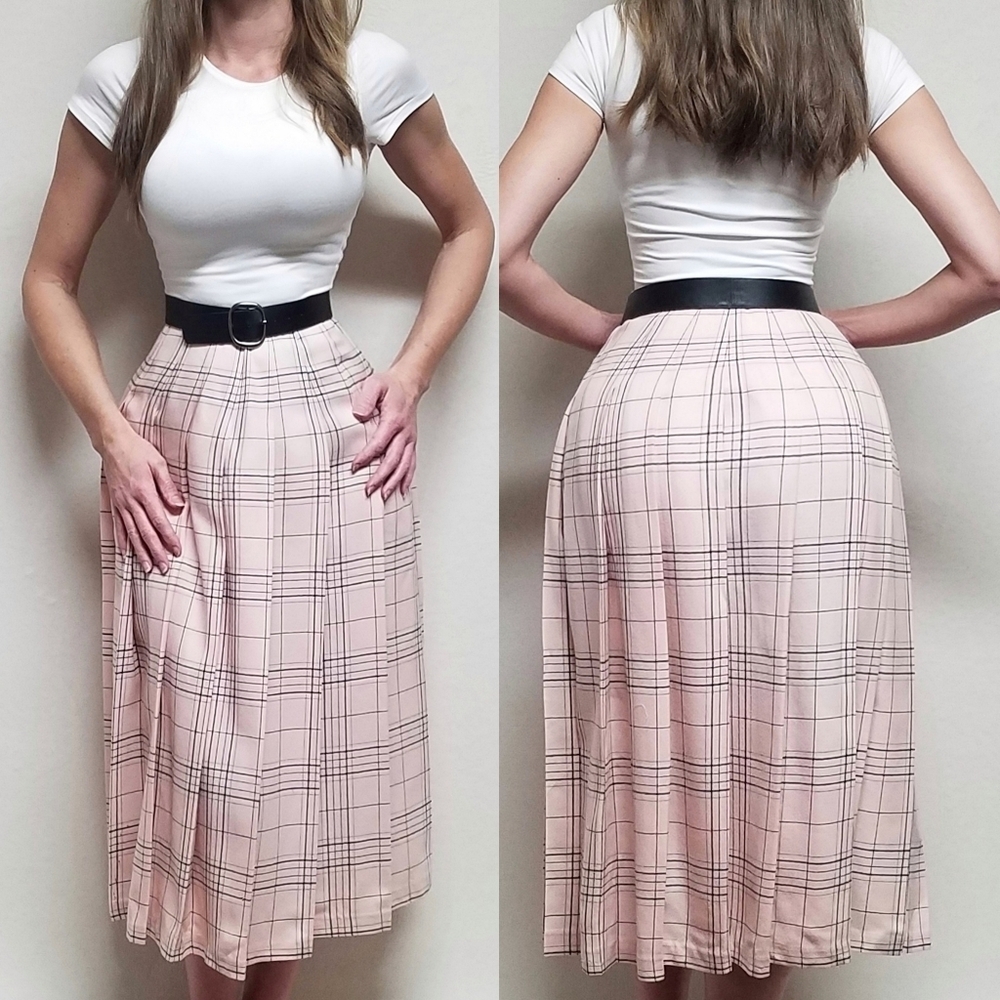90s Vintage Pendleton Peach Plaid Wool Blanketweave Pleated Midi Skirt 12